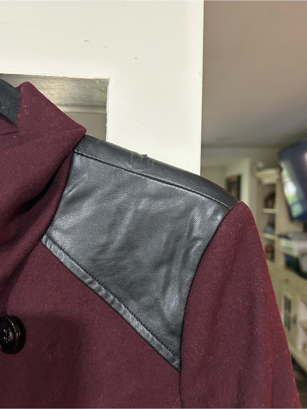 Worthington Women's Wine Double-Breasted Peacoat with Faux Leather Trim - Picture 6 of 9